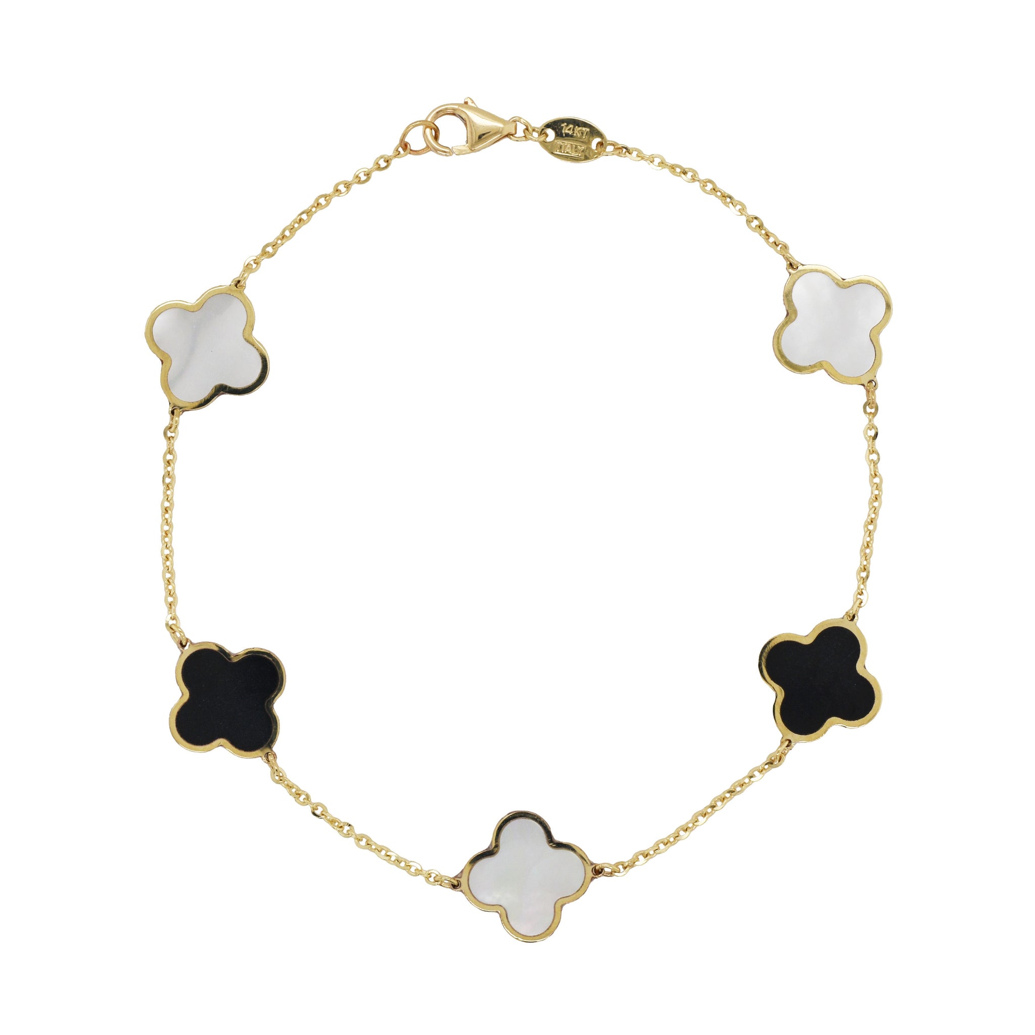 14k Mother of Pearl and Onyx Clover Bracelet