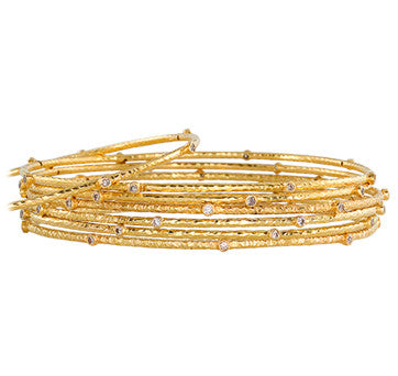 18K Yellow Gold Hammered Bangles With Diamonds