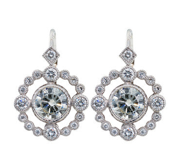 18K White Gold Round Vintage Style Diamond Drop Earrings
