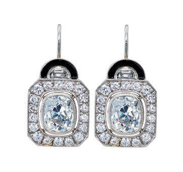 Platinum Cushion Cut Diamond Drop Earrings With Black Onyx