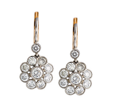 Platinum And 18K Yellow Gold Vintage Style Flower Drop Earrings