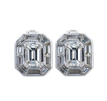 18K White Gold Diamond Emerald And Baguette Cut Stud Earrings