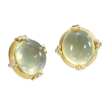 18K Yellow Brushed Gold Oval Cabochon Prasolite Earrings With Diamond Accents