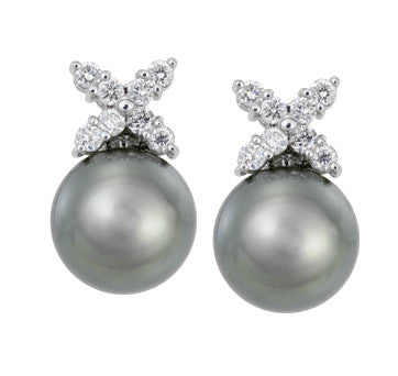 18K White Gold Tahitian Pearl Earrings With Diamond "X"