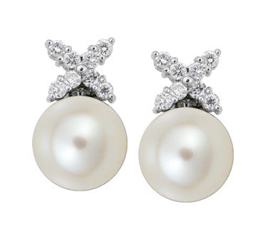 18K White Gold South Sea Pearl Earrings With Diamond "X"