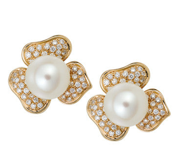 18K Pink Gold Diamond Pave Flower Earrings With South Sea Pearls By Fratelli Lani Of Italy