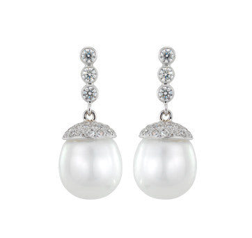 18K White Gold Diamond Cap Tahitian And South Sea Pearl Drop Earrings