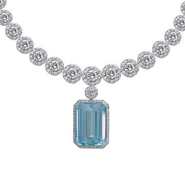 18K White Gold Diamond Cluster Graduated Necklace With Diamond And Aqua Marine Chandelier Enhancer