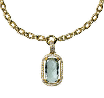 18K Yellow Gold Green Amethyst Drop Pendant Surrounded By Diamonds