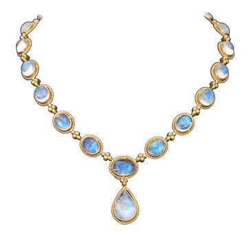 18K Brushed Yellow Gold Cabochon Bezel Set Moonstone Necklace With Diamond Accents