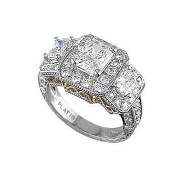 Platinum And 18K Yellow Gold 3-Stone Radiant Diamond Ring Surrounded By Diamonds