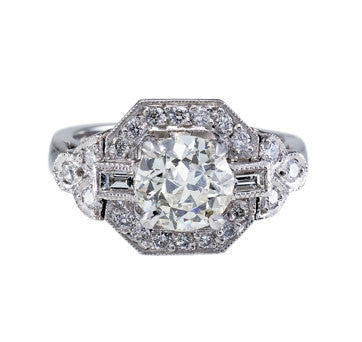 Platinum Estate Style Diamond Engagement Ring With Round Brilliant Cut Center
