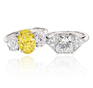 Platinum 3-Stone Diamond Ring With Fancy Intense Yellow Canary Diamond And Platinum Radiant Diamond Ring With Trilliants