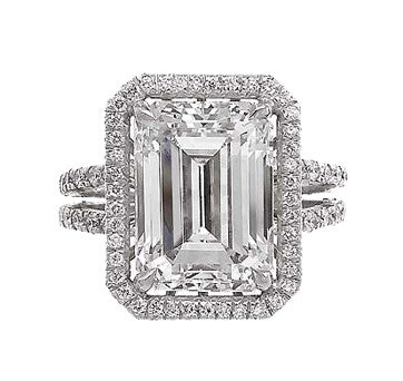 Platinum Emerald Cut Diamond Set In Diamond Pave Mounting With Split Shank