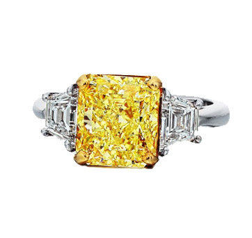 Platinum Fancy Intense Canary Diamond Ring With Trapezoid Side Stones