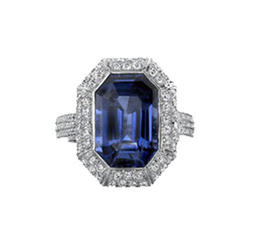 Platinum Emerald Cut Sapphire And Diamond Ring With Micro-Pave Setting