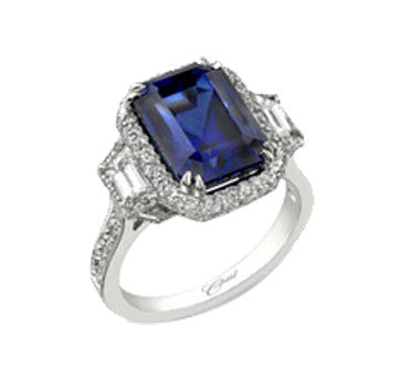 Coast Diamond Platinum Emerald Cut Sapphire And Diamond Side Stone Ring With Micro-Pave Setting