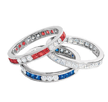 Platinum Channel Set Engraved Diamond, Sapphire And Ruby Bands